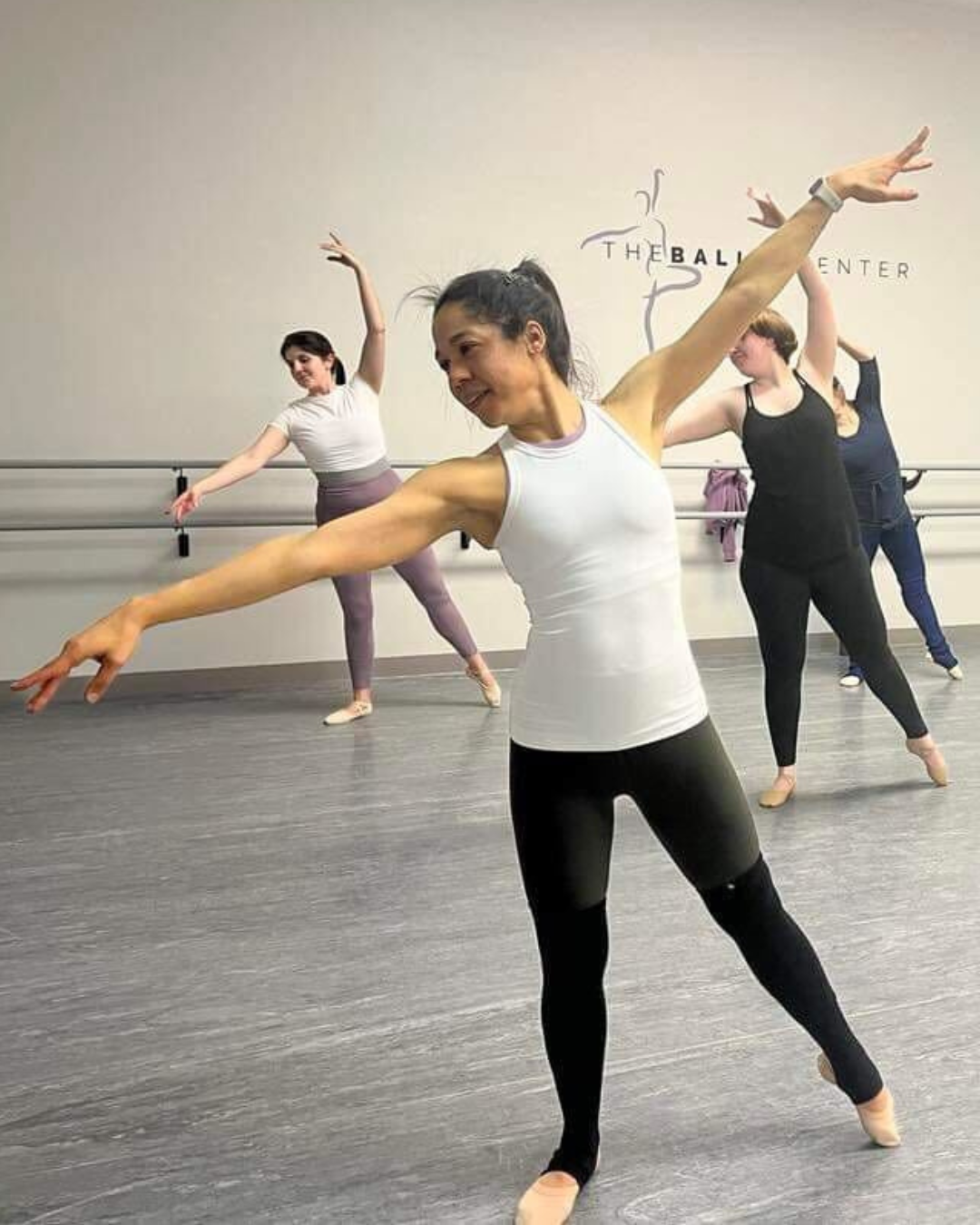 Adult ballet students dancing together at The Ballet Center in Bristol, RI